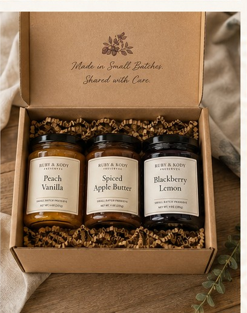 A Ruby and Kody gift box packed with three jars in wood shavings