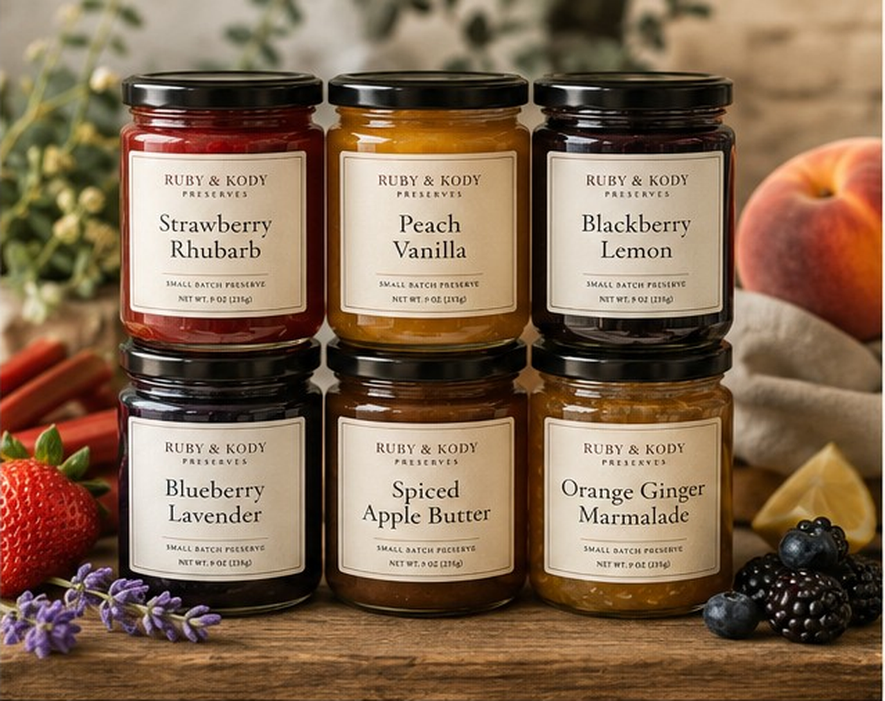 The six Ruby and Kody preserves lined up on a wooden table with fresh fruit